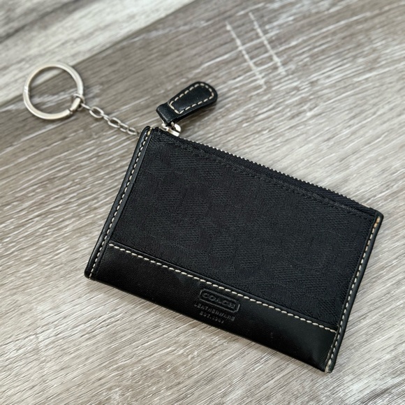 Coach Accessories - Coach Signature black jacquard and leather coin case with a key ring
